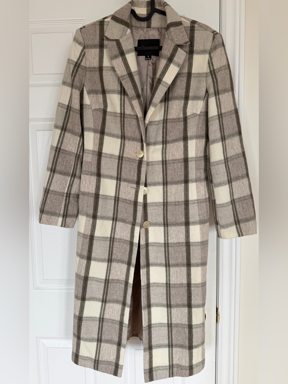 Plaid Long Wool-Blend Coat - Cream & Brown